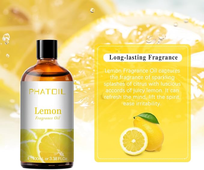 100ML Lemon Fragrance Oils for Aromatherapy, Diffuser Oils for Home, Perfect for Humidifier, Yoga, DIY Candle and Soap Making - 3.38FL.OZ