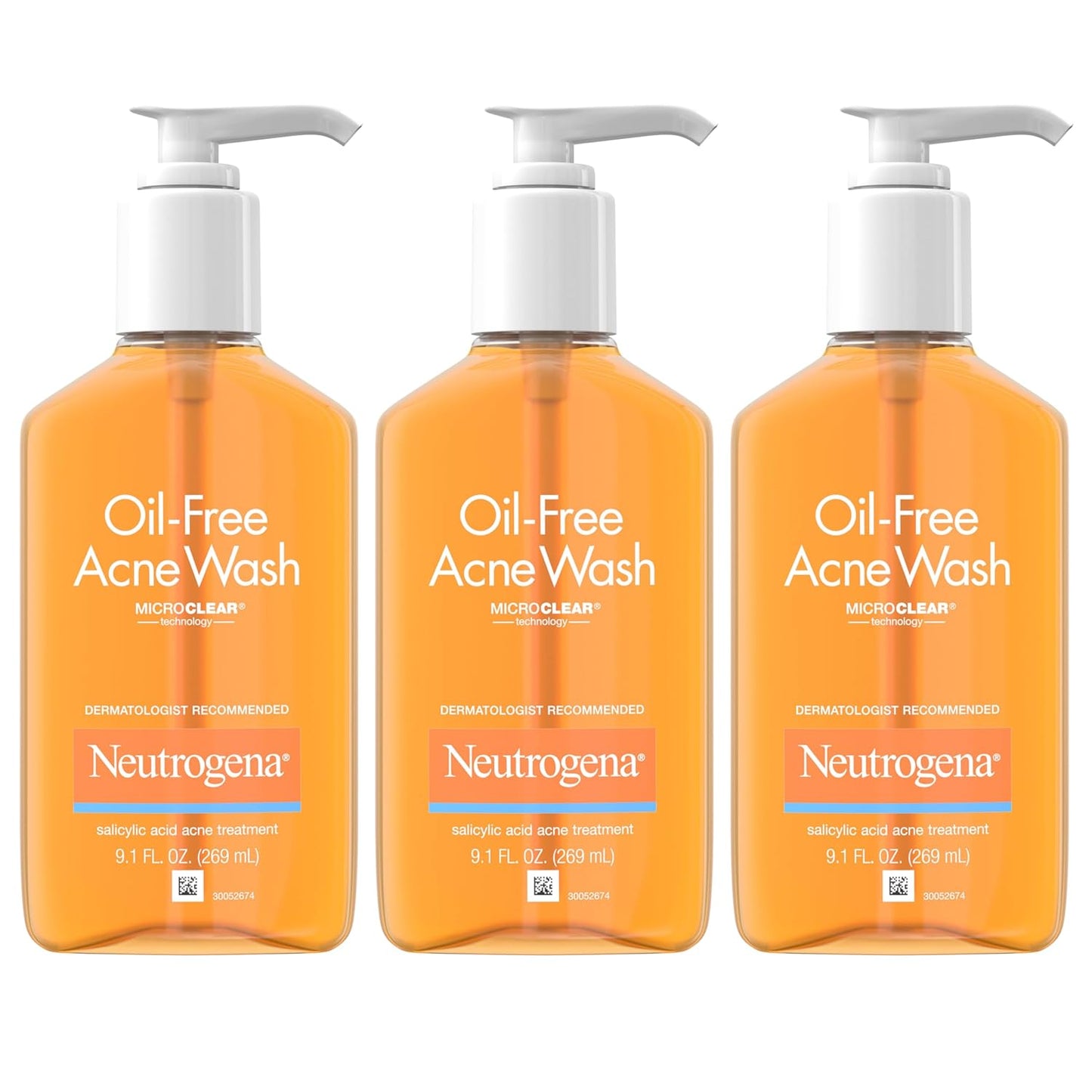 Neutrogena Oil-Free Acne Wash, Acne Fighting Facial Cleanser with Salicylic Acid Medicine, Acne Treatment for Face, Non-Comedogenic, Residue-Free, 9.1 fl oz Pump Bottles, 3 Pack