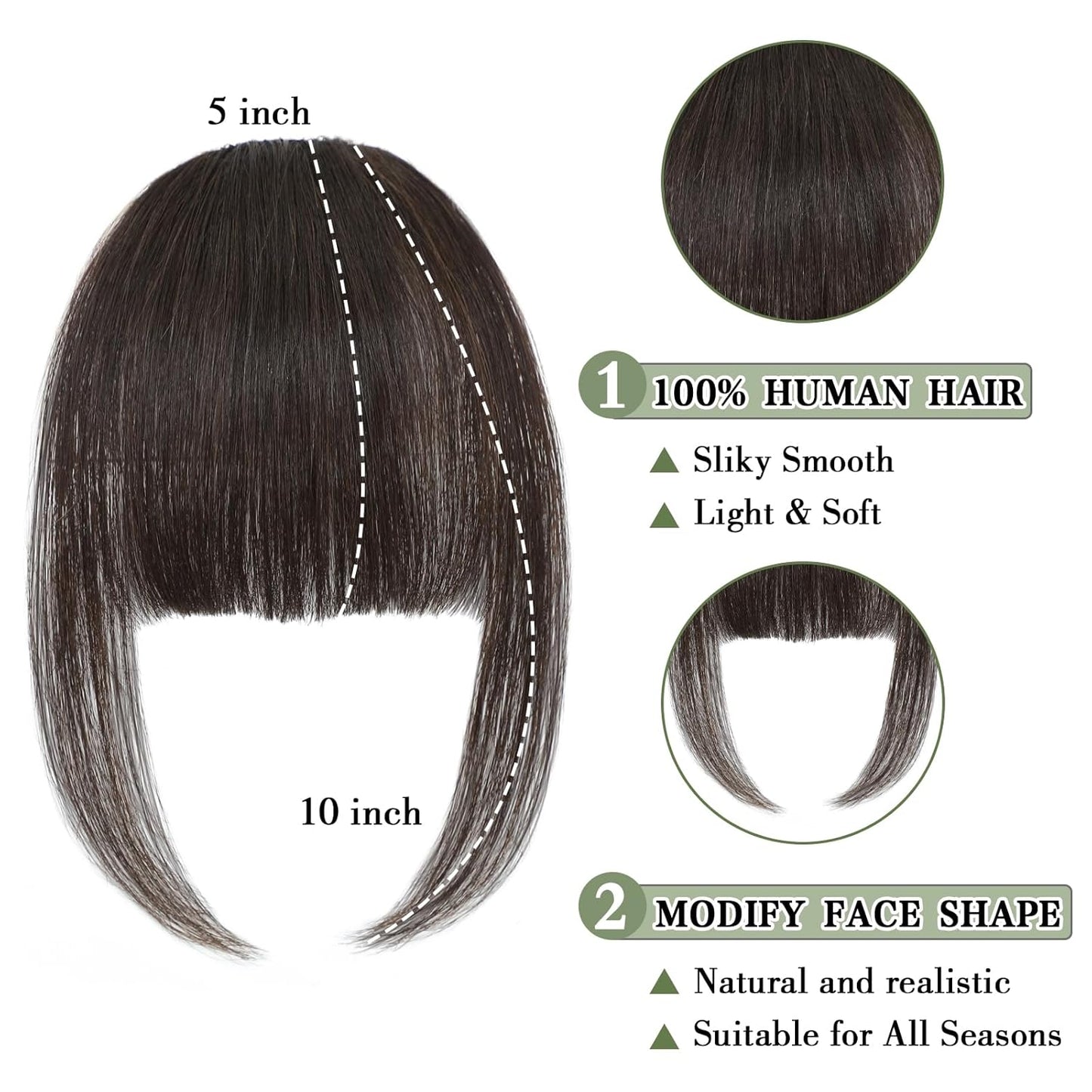 Clip in Bangs for Women - 100% Real Human Hair Wispy Bangs Hair Clip with Temples Hairpieces Fake Bangs for Daily Wear (Dark Brown, Wispy Bangs)
