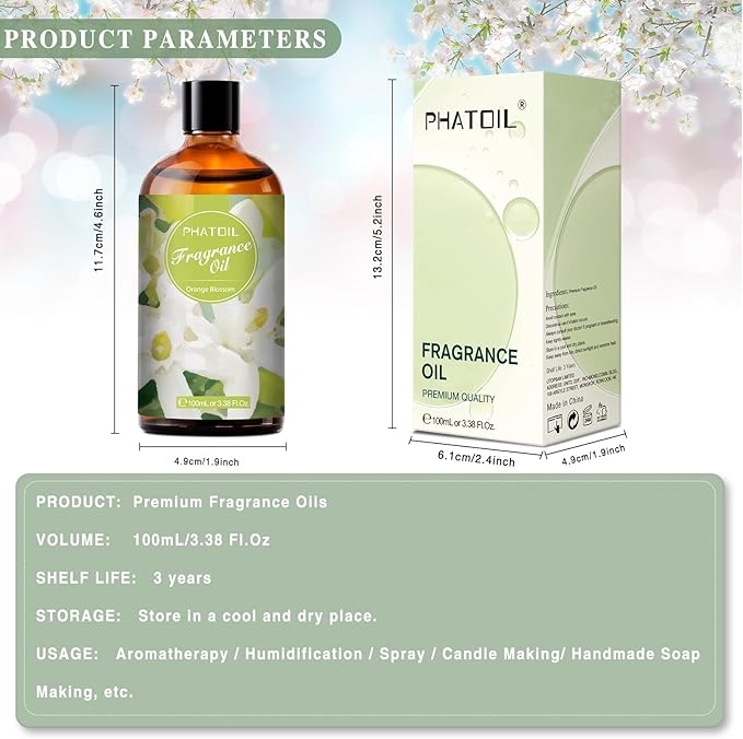 3.38FL.OZ Orange Blossom Fragrance Oils for Aromatherapy, Essential Oils for Diffusers for Home, Perfect for Diffuser, DIY Candle and Soap Making, DIY Scented Products - 100ml