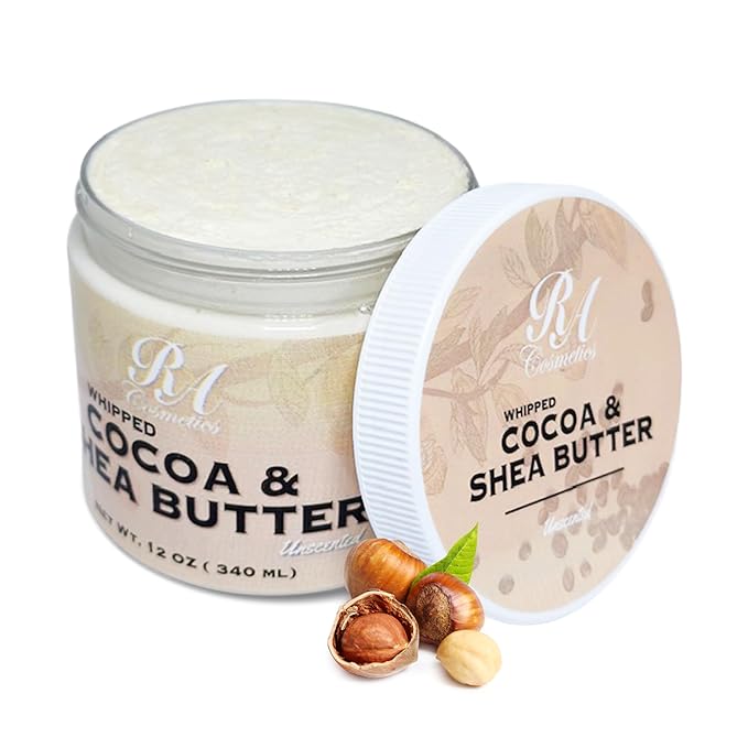 RA COSMETICS Whipped Cocoa & Shea Butter, Unscented - 12oz | 100% Pure & Natural Skin Moisturizer with Coconut Oil | Vitamin-Rich Body Butter for Soft, Supple, and Radiant Skin & Healthy Hairs