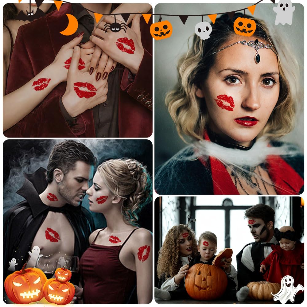 12 Sheets Kiss Tattoos Temporary Stickers, 108 Pcs Red Kiss Lip Print Waterproof Fake Tattoo for Women Girls Kids Face Body Halloween Valentine Gifts, Vampire Makeup, Party Favors, Decorations