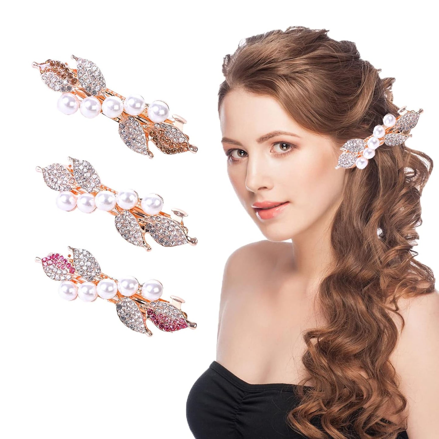 3 Pcs Braided Hair Clips for Women French Barrettes Hair Accessories Decorative Hair Clip for Wedding Party Banquet 8cm, 2-Rose Multicolor A
