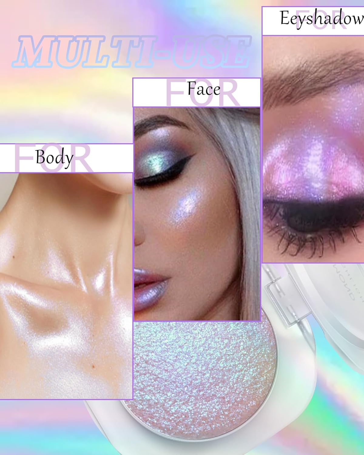 Glitter Holographic Eyeshadow Palette Multichrome Chameleon Face Highlighter, Sparkling Cream Color Shifting Single Eye Shadow Long Lasting Shimmer Inner Corner Eye Brightener Pink Mermaid Makeup-02