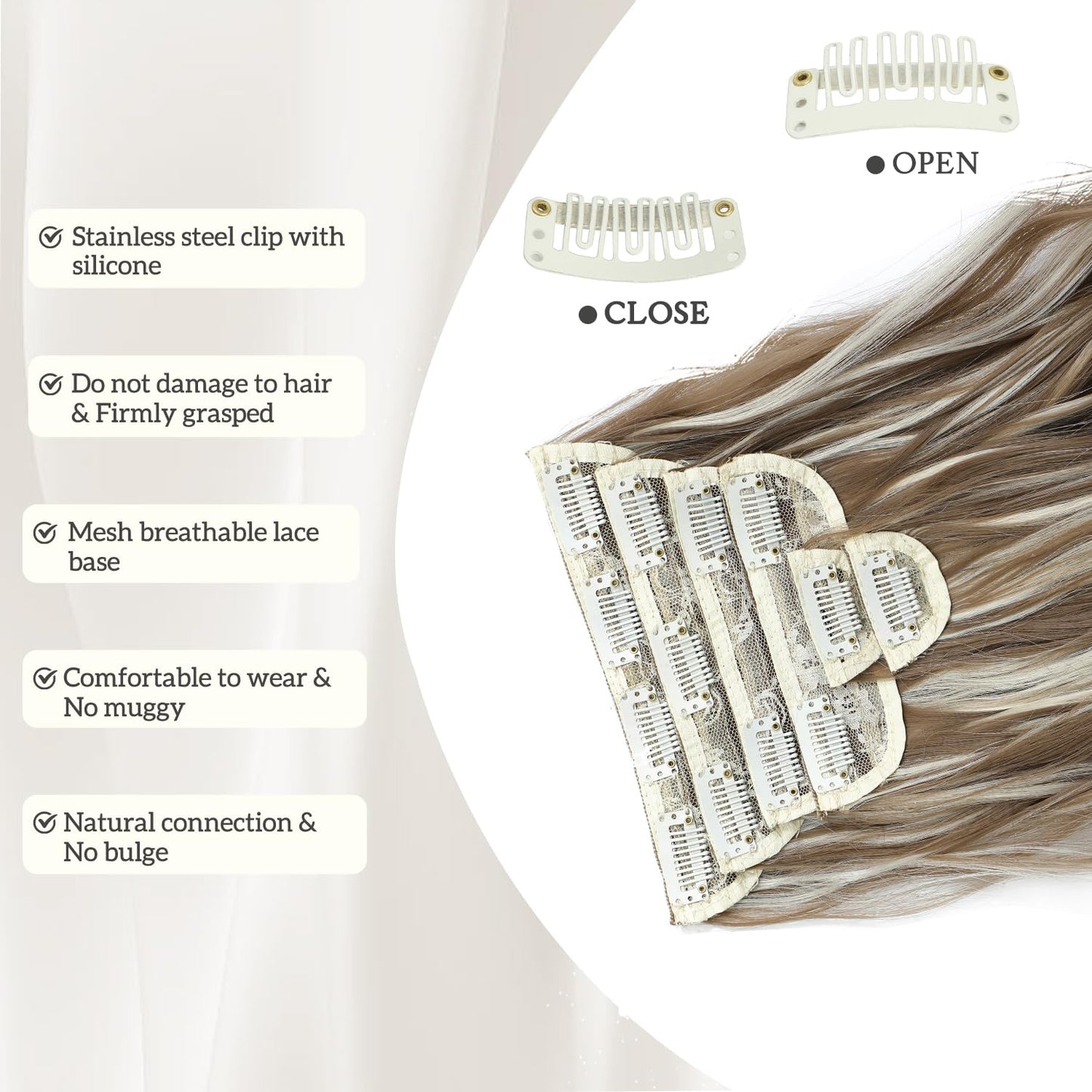 Hair Extensions Clip ins, 6 PCS Wavy Extensions, Brown with Blonde Highlights Thick Hairpieces, Blends Well Hair Extensions (24Inch, 6PCS, Brown with Blonde Highlights)