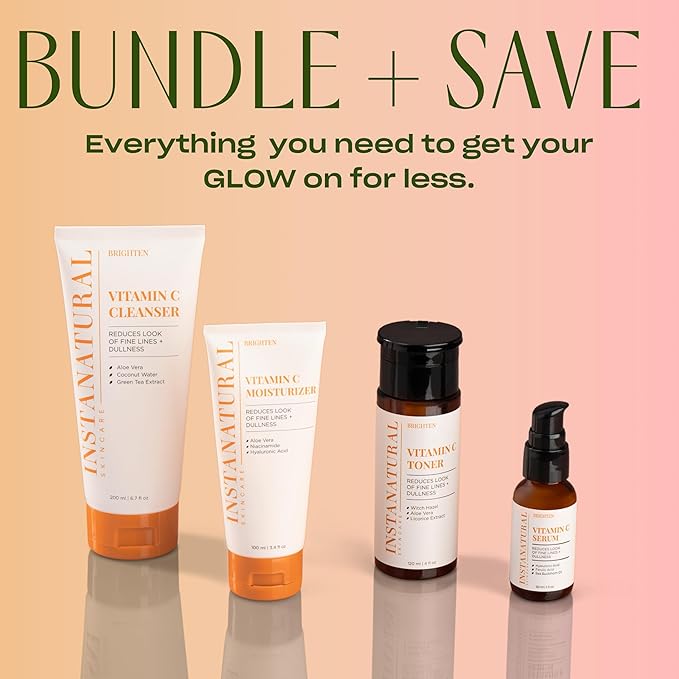 InstaNatural Vitamin C Four Step Skin Care Set, Skincare Routine, Brightens, Hydrates, Prevents Signs of Aging, Face Wash, Toner, Serum and Moisturizer, with Botanical Extracts