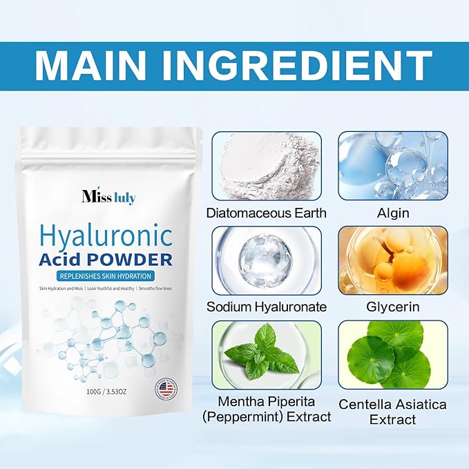 New Hyaluronic Acid Powder for Deep Hydration, Improve Skin Texture | Vegan, Water Soluble | 100G