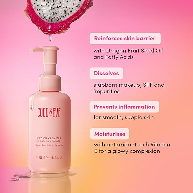 Coco & Eve Seed Oil Cleanser. Gentle Makeup Remover, Cleansing Oil to Dissolve SPF, Impurities. Antioxidants, Vitamin E for Glowy Skin (4.06 fl oz)