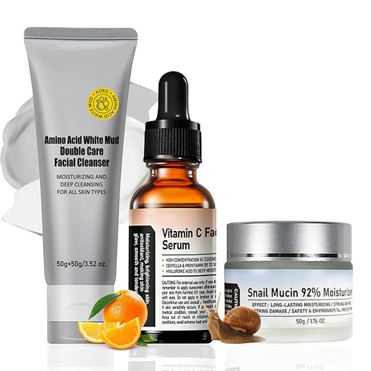 3 Step Facial Skin Care Kit with Snail Mucin Moisturizer & Vitamin C Facial Serum & Amino Acid Facial Cleanser - Korean Skin Care Set - Skincare for Teens10-12 - Skin Care Kit for Women All Skin Type
