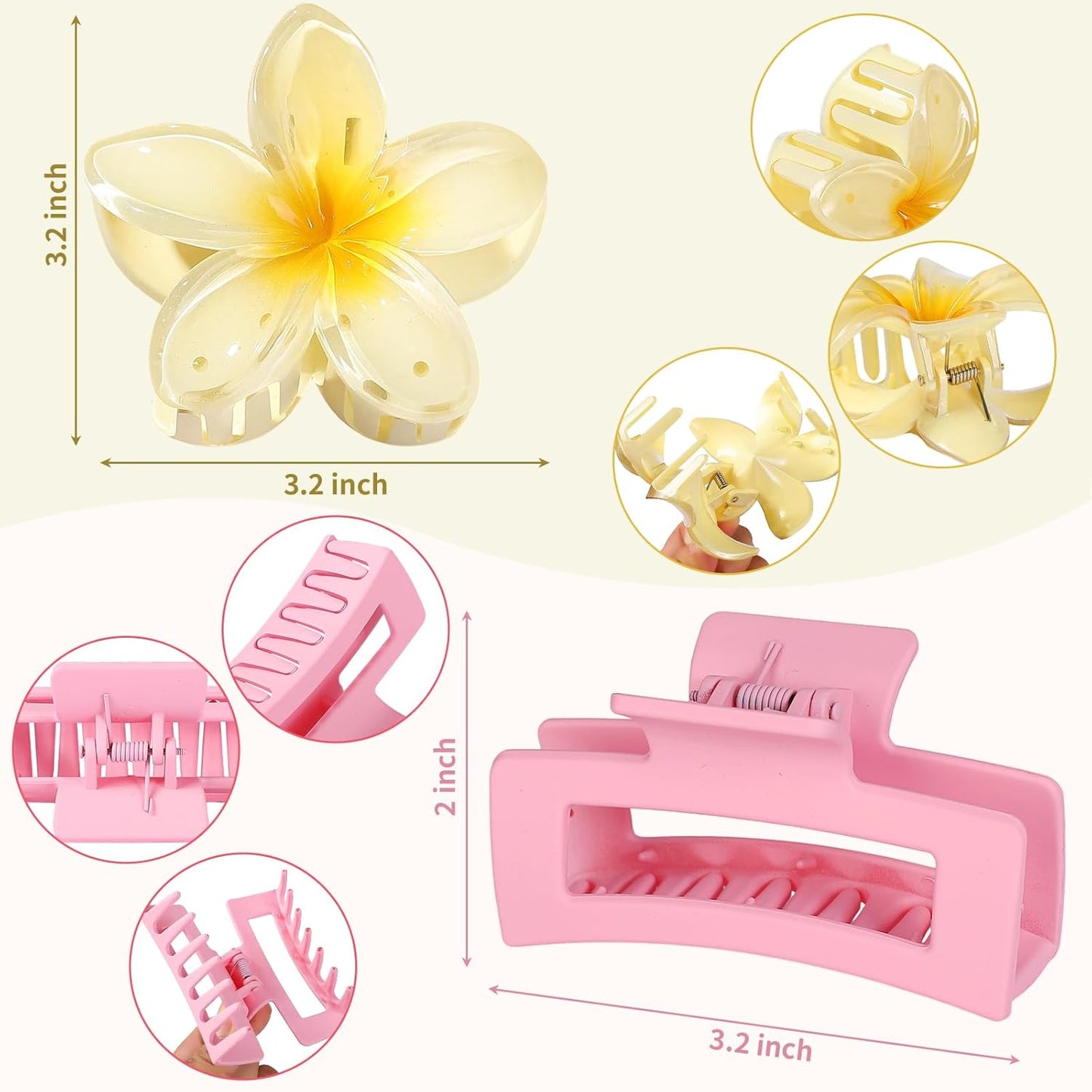 Flower Hair Clips for Women Square Claw Clips for Girls 2 Styles Hair Claw Clips for Thick or Thin Hair 6 PCS Hawaiian Hibiscus Rectangle Large Plumeria Medium Hair Accessories for Women (Pink)