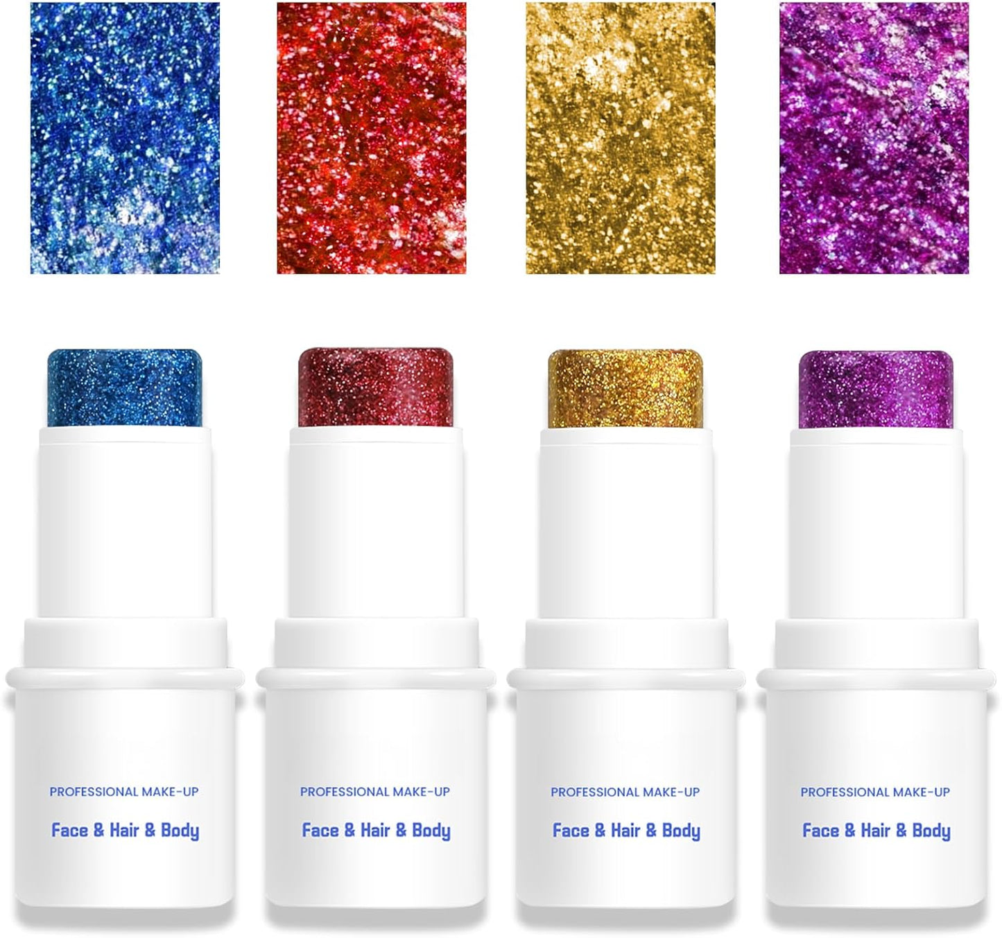 Body & Face Glitter Makeup Stick, Multiuse Waterproof Glitter Gel for Face Body Hair Eye Lip, Holographic Sequins Paint Stick, Mermaid Accessories Makeup (Red, Blue, Purple, Gold)