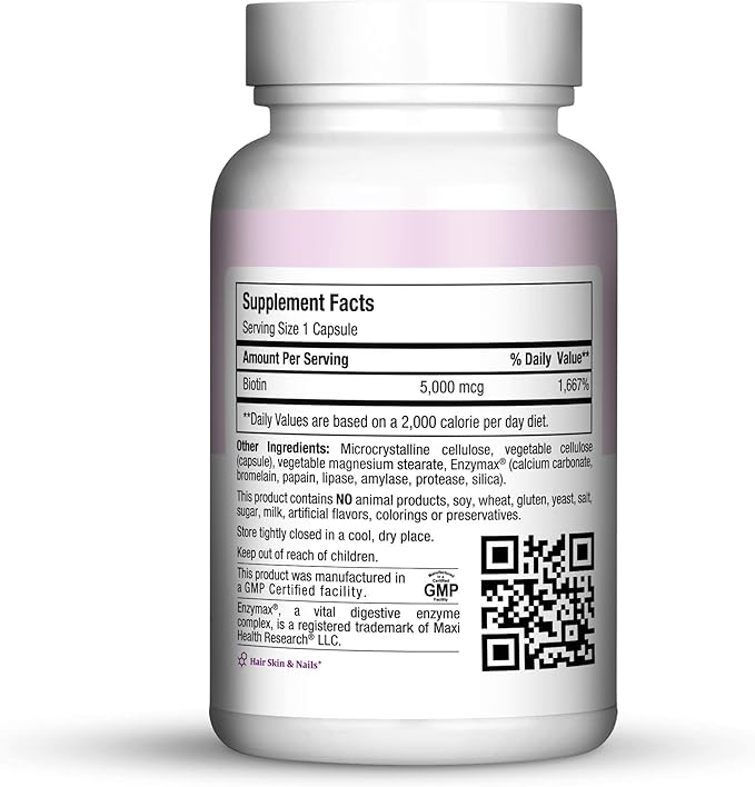 Maxi Health Biotin 5000 mcg – Hair Growth Supplement for Health and Beauty – Hair, Skin & Nails Vitamins – 120 Vegetable Capsules