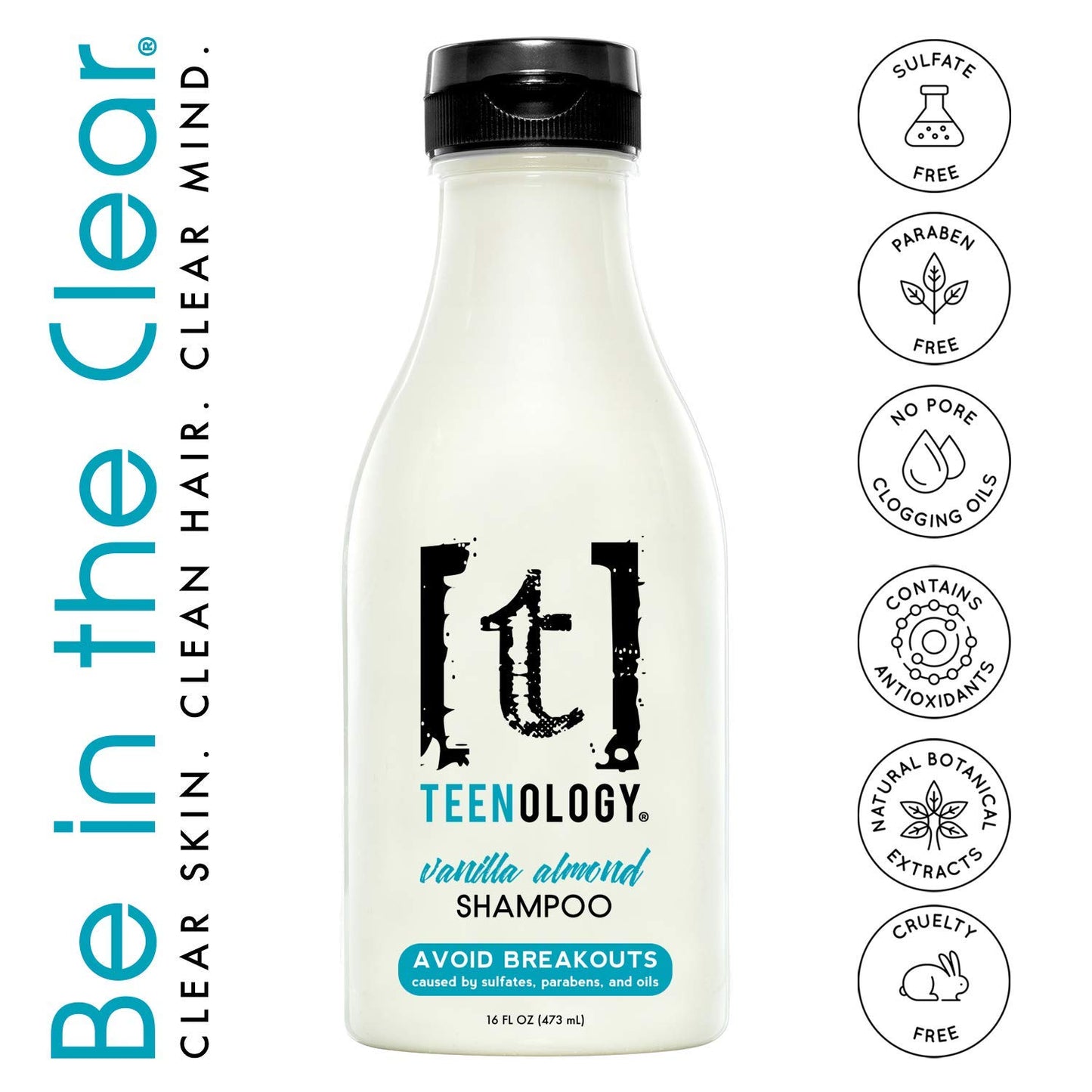 Teenology Shampoo for Teens, For Clear Skin and Healthy Hair, Natural Botanical Extracts, 16 oz. (Vanilla Almond)
