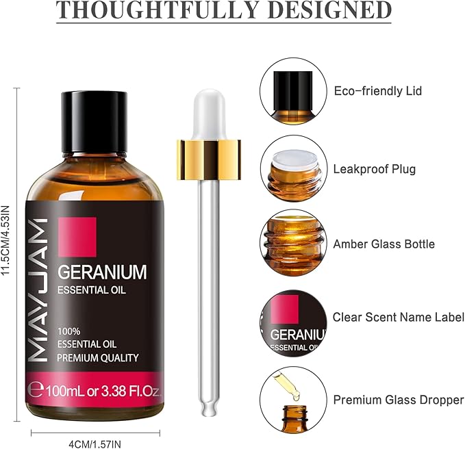 Geranium Essential Oil, MAYJAM Pure Essential Oils for Diffusers, Massage, Geranium Oil for Soap Candle Making, Huge 3.38FL.OZ Bottle