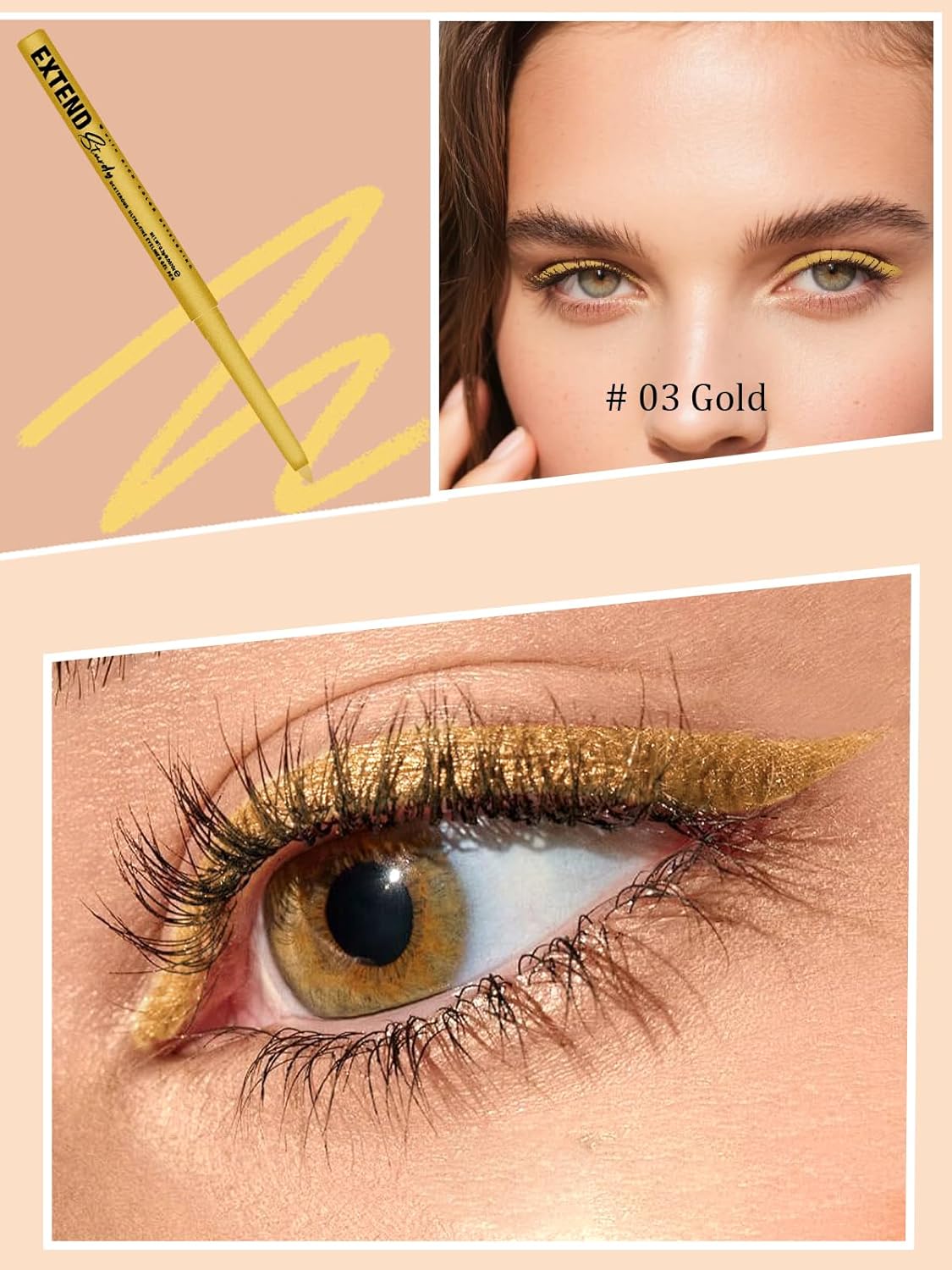 Gold Gel Glitter Eyeliner Pencil, Metallic Waterproof Smudge-Proof Creamy Retractable Smooth Eye Liner pencil, Hypoallergenic Long Lasting Eyeliner Brightener Pen Crayon Eye Makeup Gift for Women#03