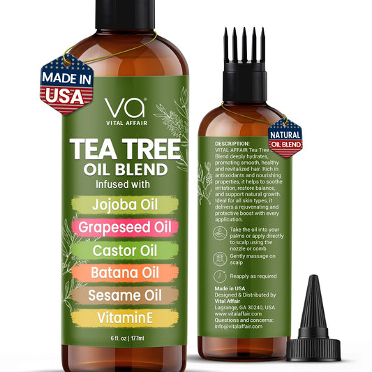 VITAL AFFAIR Tea Tree Oil For Hair With Jojoba, Castor, Batana Oil - Tea Tree Hair And Scalp Treatment - Hair Oil For Dandruff - Helps Strengthen, Volumize & Promotes Hair Growth - 6 Fl Oz