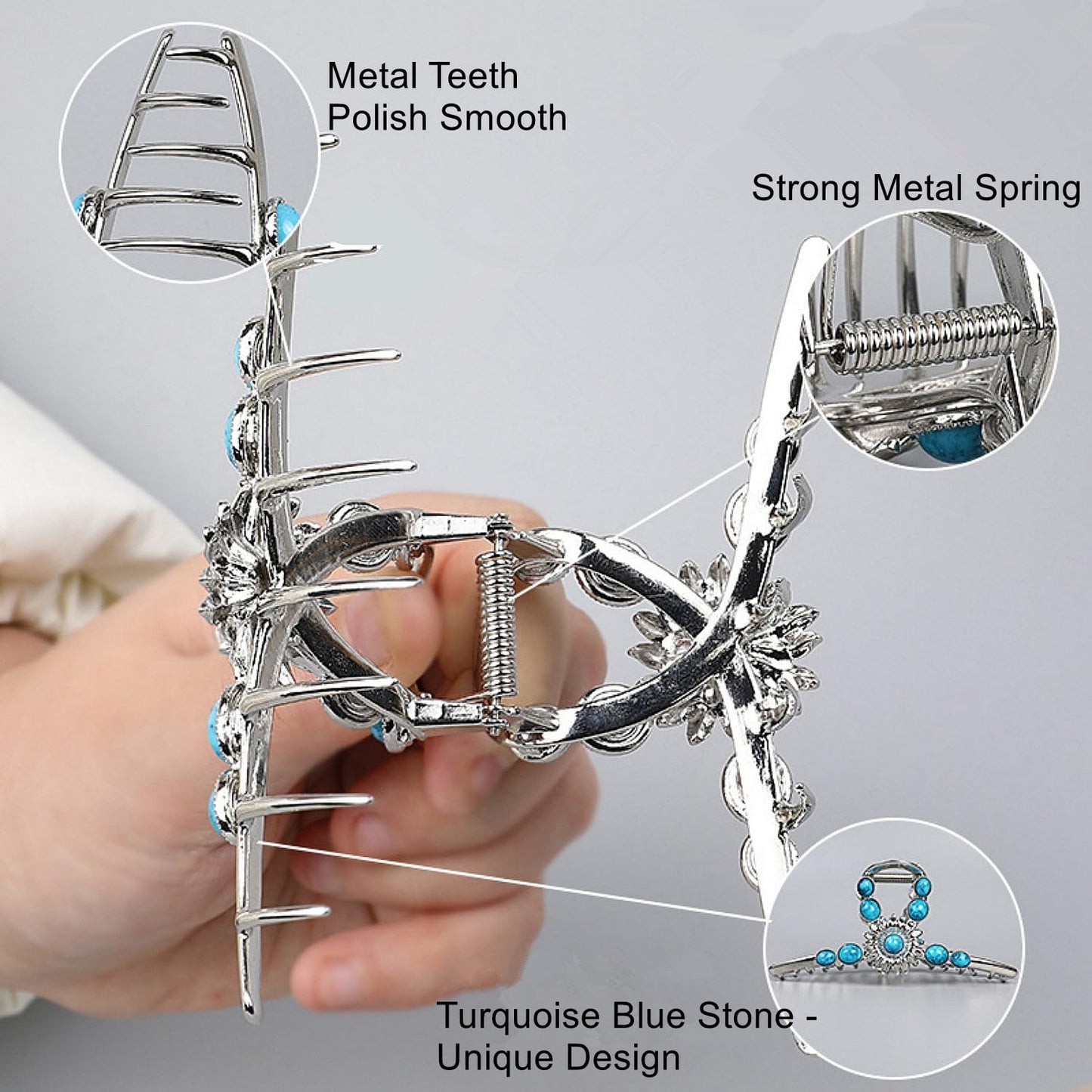 Turquoise Blue Stone Hair Clips, Large Metal Retro Sun Flower Style Claw Clip for Women Strong Hold Big Non-Slip Hair Catch Barrette Jaw Clamp for Long Thick Hair, Fashion Styling Accessories (2 Pack)