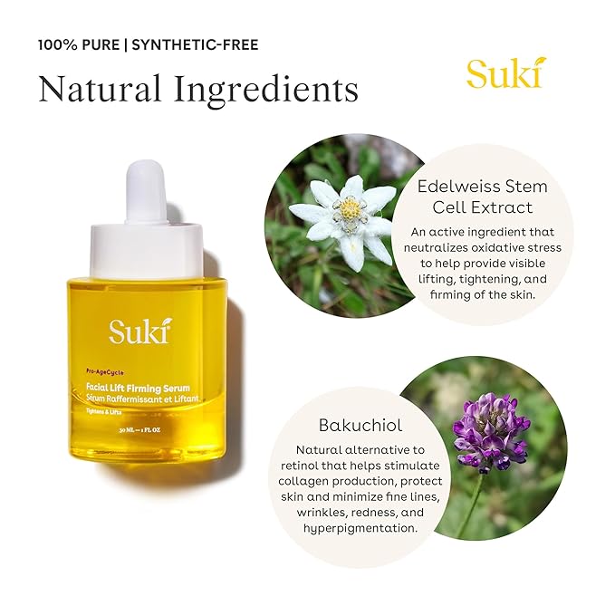 Suki Anti Aging Face Serum: Facial Lift Firming Serum - Plumping Day & Night Anti Wrinkle Serum for Face Skin Care with Hydrating Hyaluronic Acid, Retinol Alternative Bakuchiol, Plant Stem Cells 1oz.