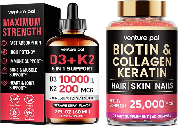 Venture Pal Vitamin D3 10000 IU Plus K2 (MK-7) 200 mcg Liquid Drops & Biotin Gummies with Collagen & Keratin - Hair Growth