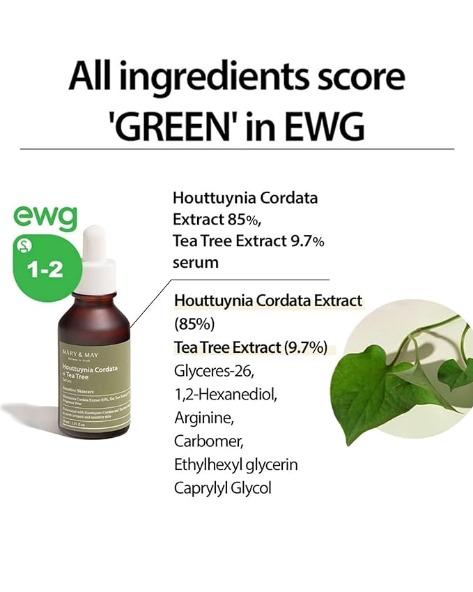 Mary&May Houttuynia Cordata + Tea Tree Serum - Effective Pore Clearing and Acne Treatment Face Serum - Non-Sticky Formula for Improved Skin Barrier and Calm Skin - Fragrance Free, 1.01 fl.oz.