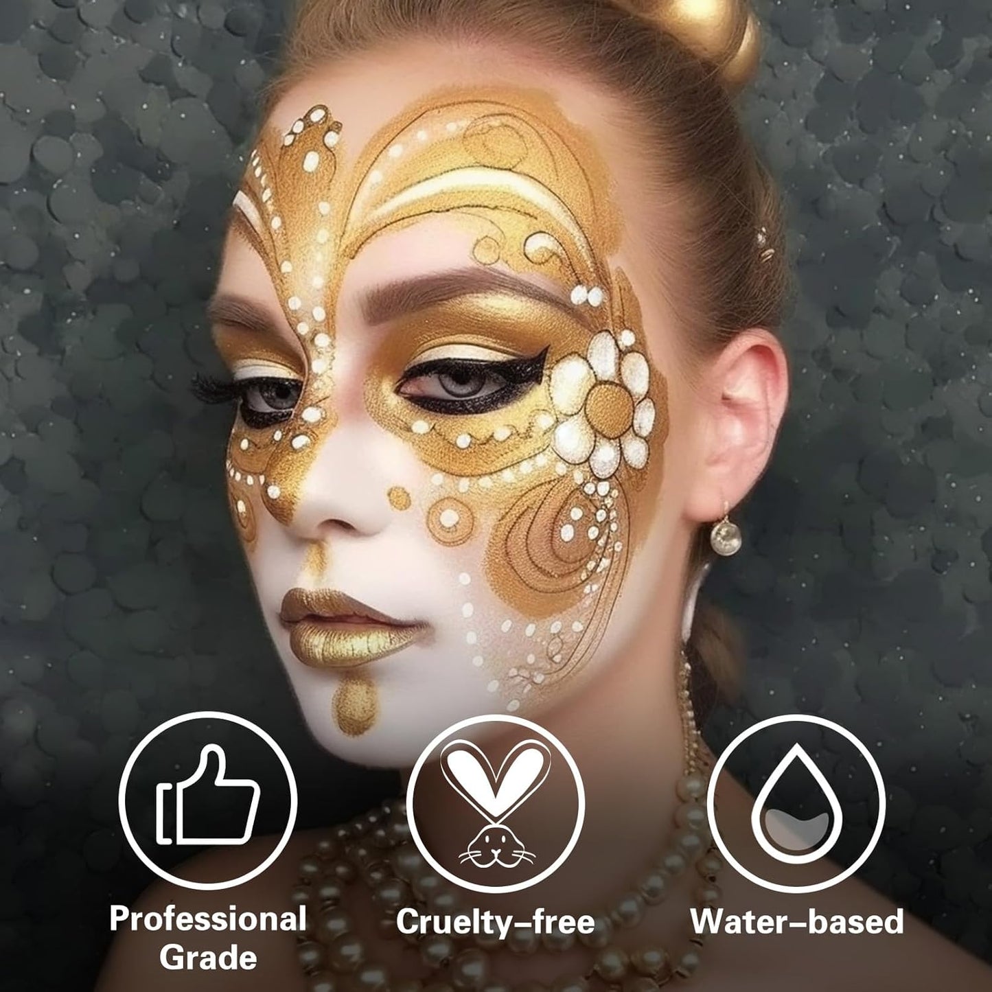 BOBISUKA Gold Face Body Paint, Water Based Face Painting for Art Theater Halloween Party Cosplay Clown SFX Makeup for Women Adults, Non-Toxic Washable