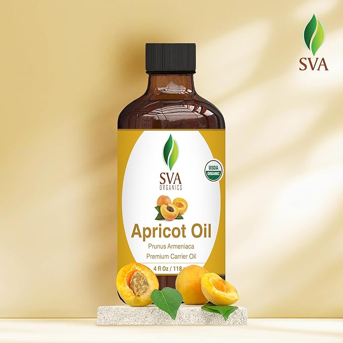 SVA Apricot Seed Oil Organic - 4 Fl Oz – 100% Natural Cold Pressed Organic Apricot Oil - for Face, Skin Care, Hair Care, Scalp Massage & Body Massage – Carrier Oil with Dropper