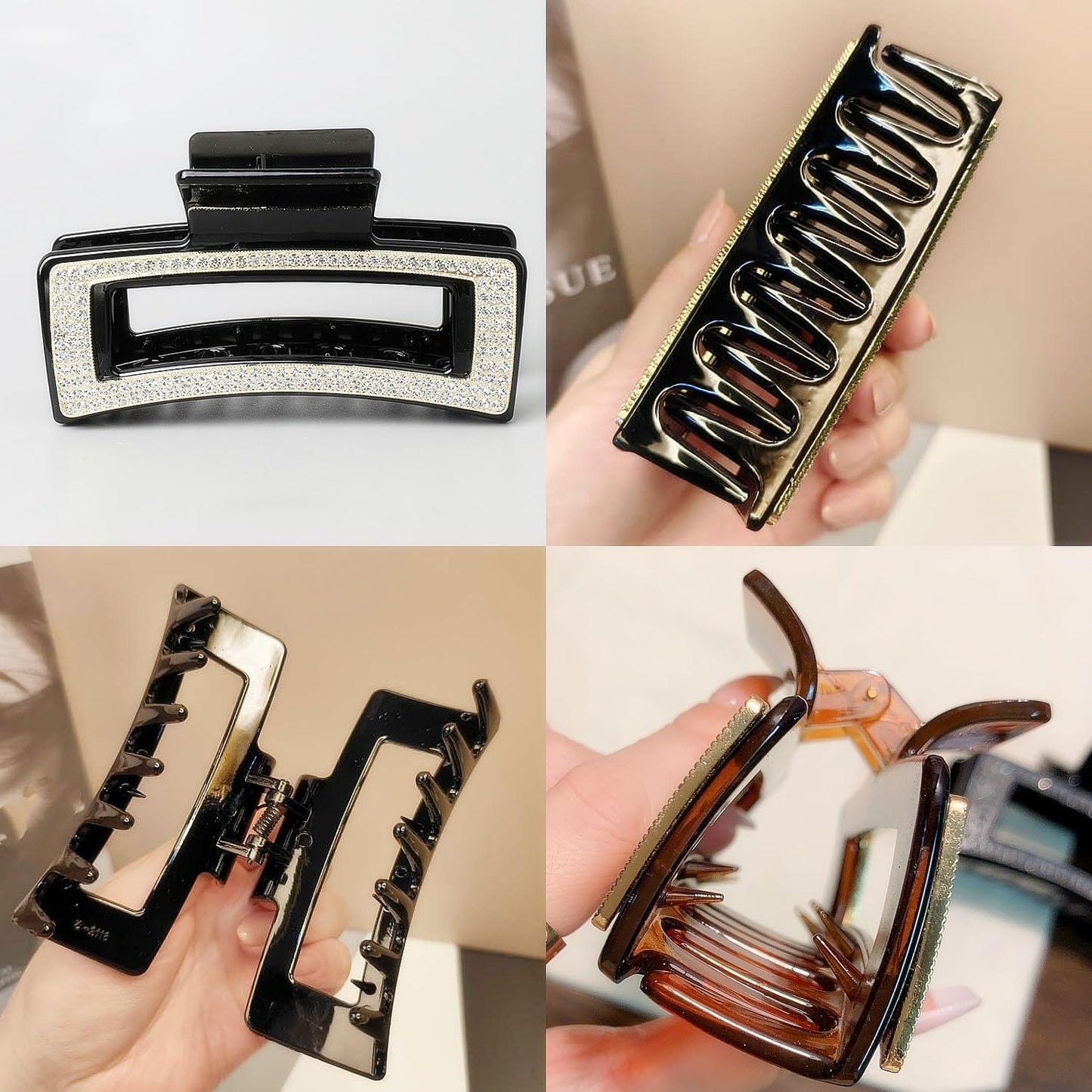 SINIDE Rhinestone Hair Claw Clips, Square Crystal Jaw Clip Nonslip Acrylic Claw Clips for Thick Long Hair, Fashion Elegant Clamps Accessories for Women Ladies Strong Hold Barrette for Styling (2 Pack)