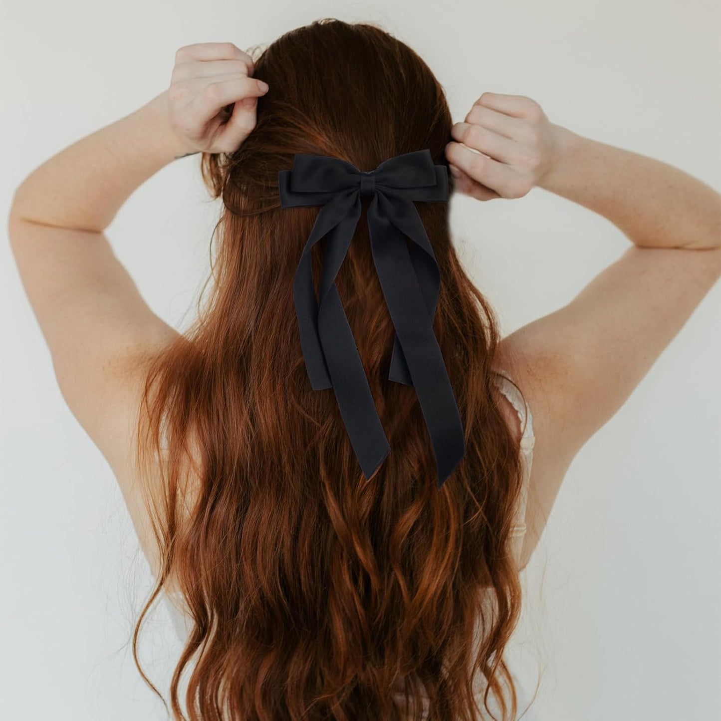 Bow Hair Clips 2PCS Set for Women and Girls - Black White Ribbon Bows for Hair, with Long Tail, Alligator Clip (Black)