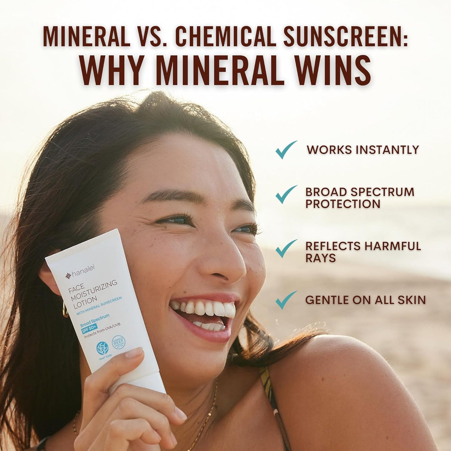 Hanalei Mineral Sunscreen Face Moisturizer SPF 50 – Dermatologist Tested, Zinc Oxide, Vegan, Reef-Safe, Invisible Protection, No White Cast, 3-in-1 Hydrating Primer, Gentle for Sensitive Skin 1.7 oz