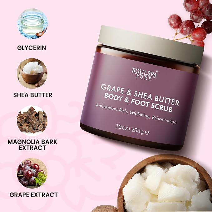Grape & Shea Butter Body & Foot Scrub - Rejuvenating & Antioxidant Rich Exfoliating Body Scrub for Glowing Skin, 10 oz