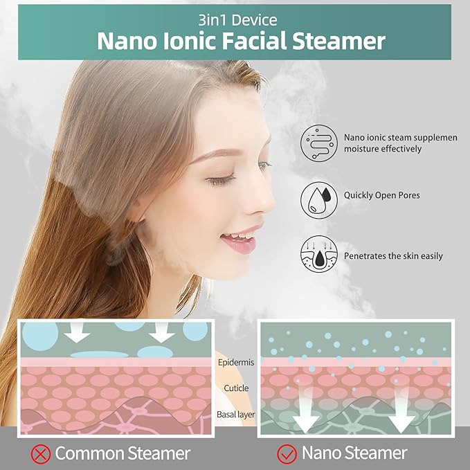 Newbealer Facial Steamer, 3in1 Aromatherapy Face Humidifier, 20 Min Hot & 60 Min Cold Nano Ionic Steam, 180ml Sinuses Moisturizing Cleansing Pores, Bonus 9-Piece Blackhead Remover Kit and Face Brush