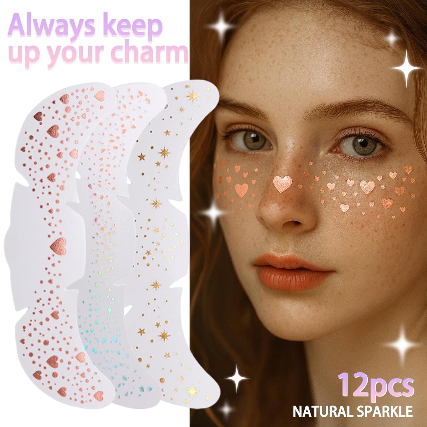 12 Sheets Glitter Freckles Stickers for Face and Body, Holographic Star and Heart Face Tattoo for Women and Girls, Long Lasting Waterproof Festival Rave Makeup Accessories