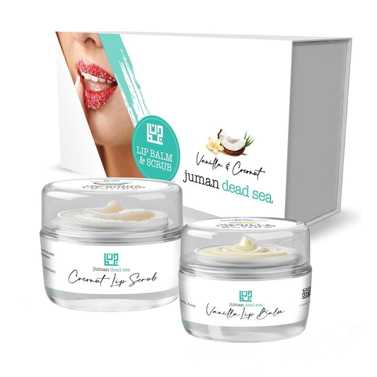 Juman Dead Sea Minerals Lip Scrub & Balm Set | Lip Exfoliator Scrub & Moisturizing Lip Balm | Vanilla & Coconut | Hydrates & Protects | With Essential Oils | Vegan | SLS & Paraben-Free