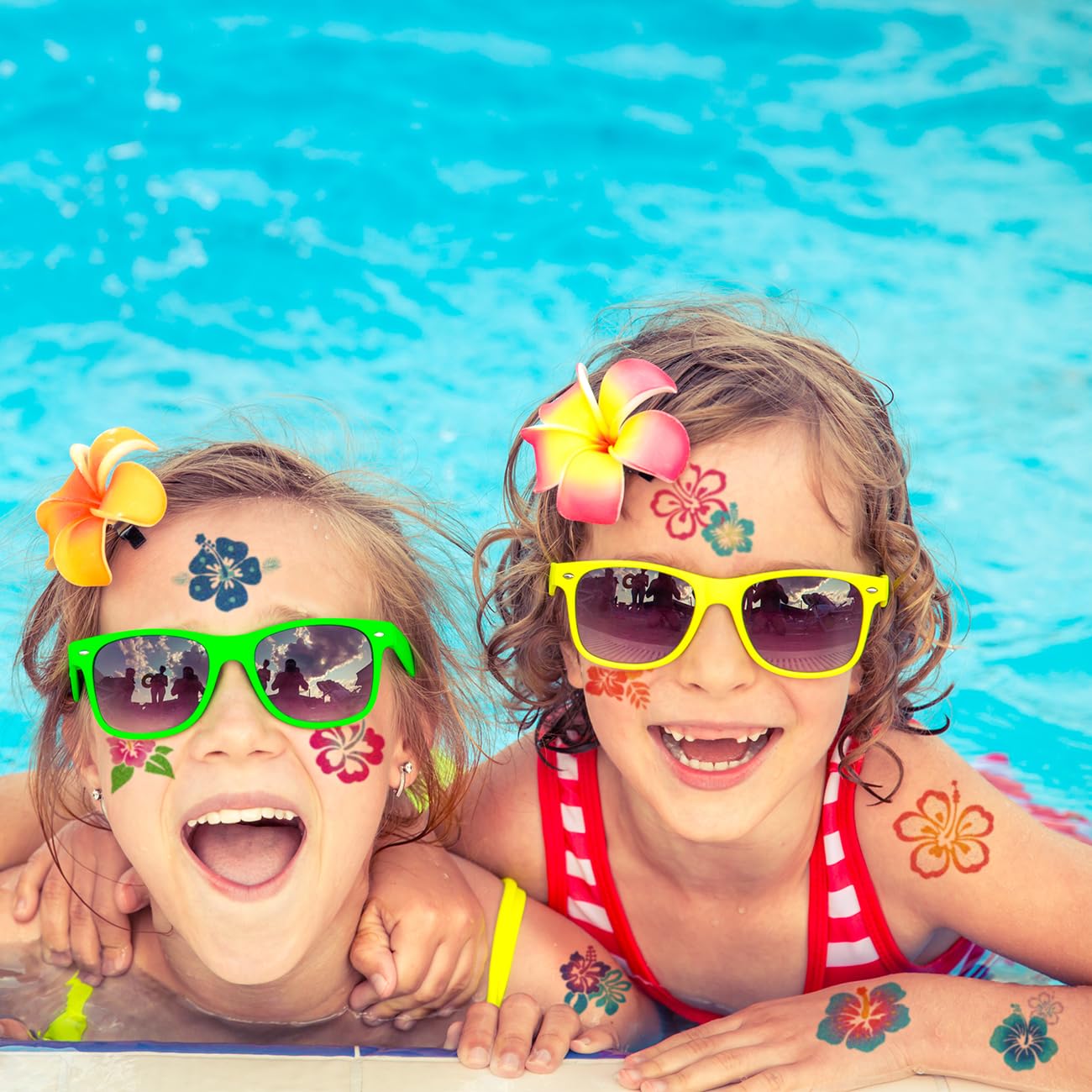 Glitter Hibiscus Temporary Tattoos for Aloha Party Decoration - 74 Individually Sheets Glitter Hawaii Flower Tattoos for Kids Women Hawaiian Party Favors