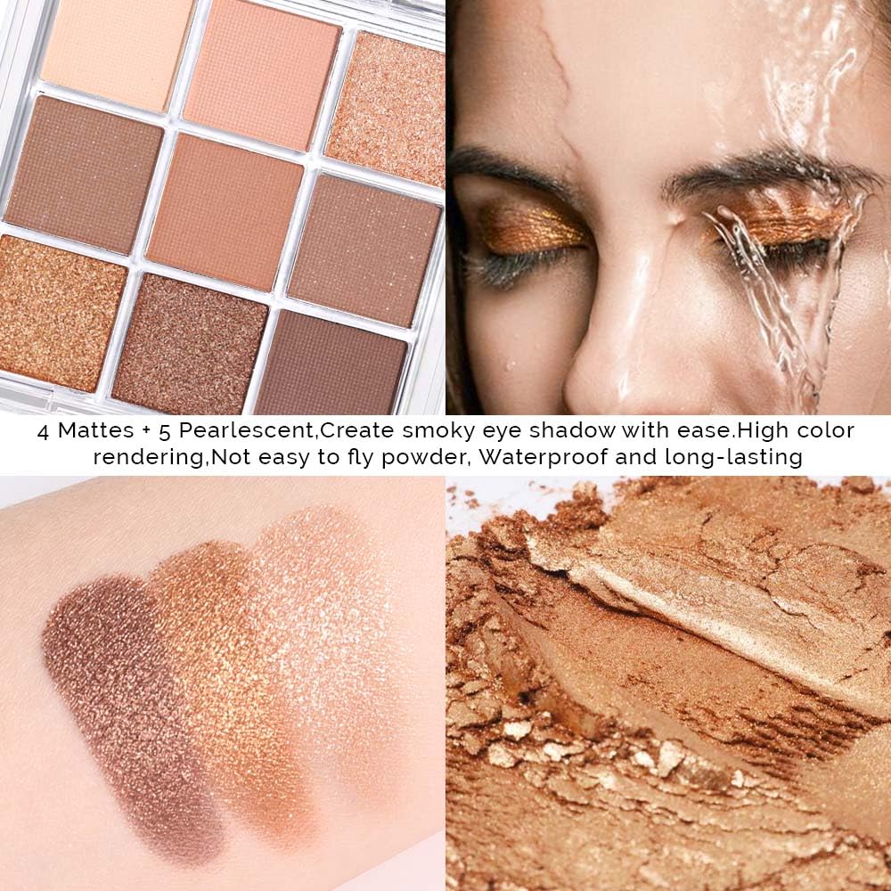 evpct 9 Colors Nude Pink Brown Maroon Glitter Shimmer Matte Eye Shadow Palette Makeup, Highly Pigmented Waterproof Brown Nude Maroon Cocoa Chocolate Shimmer Sparkling Party Eyeshadow Palette