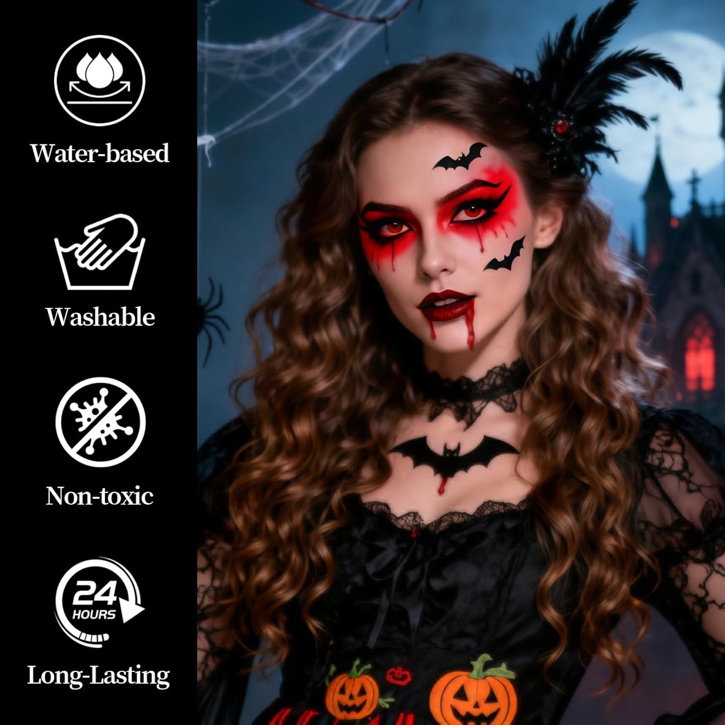 Halloween Makeup Kit for Clown, Black White Face Paint Set for Classic joker Skeleton Looks with Red Eyeshadow Stick, Water-Based Body Paint Set for Cosplay SFX Makeup, Stage shows, Parties