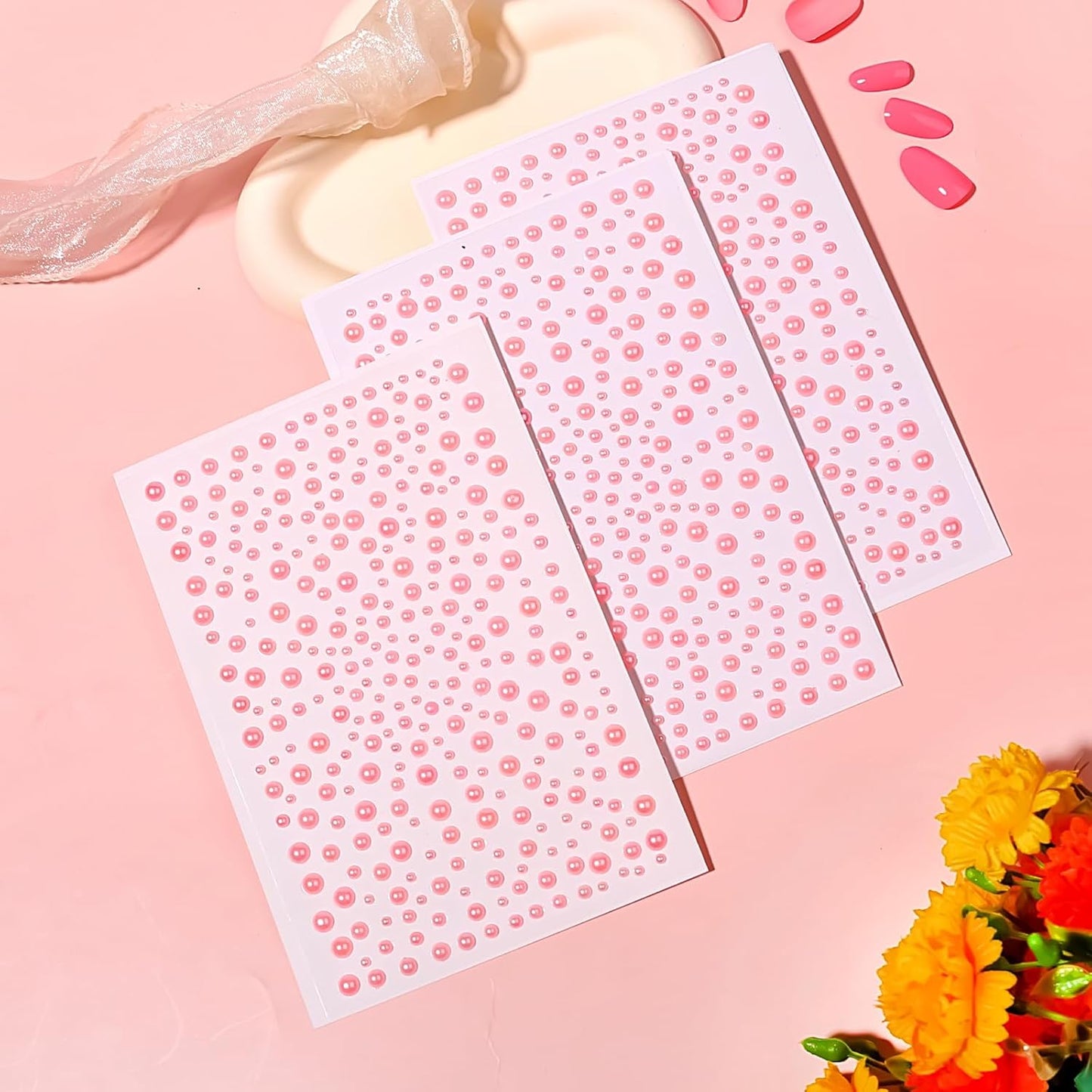 Self Adhesive Face Gems and Pearls for Makeup, Festival Jewels, Hair Gems, Rhinestone Stickers for Face, Eye, Makeup, Nail, Body, Crafts 3/4/5/6 mm 975Pcs (22.Pearl_Pink)