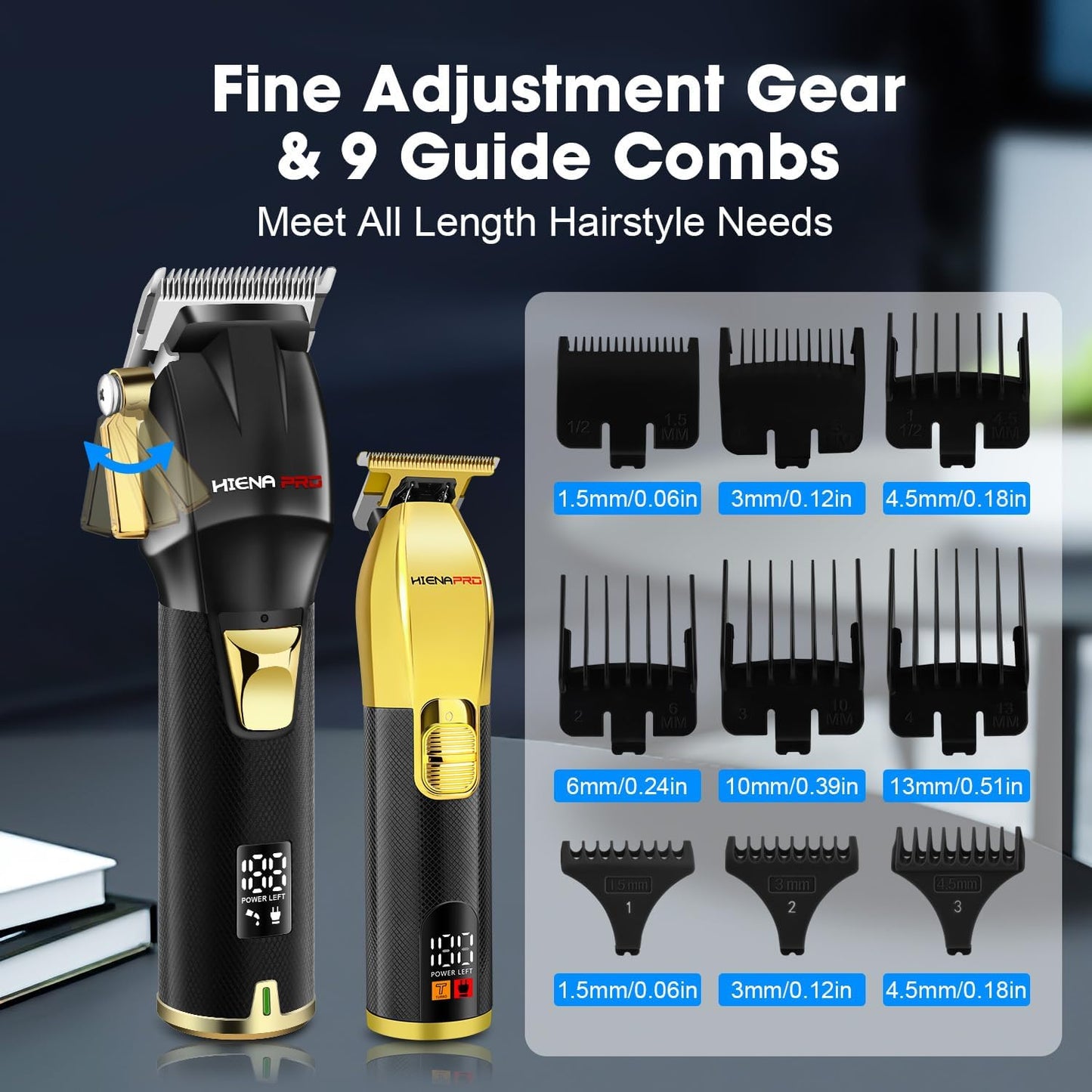 HIENA PRO Professional Hair Clippers Set for Men, Cordless Barber Kit for Haircut, Clippers and Trimmers Set, Hair Cutting Kit with LED Display & Rechargeable USB, Gifts for Men (Black Gold)