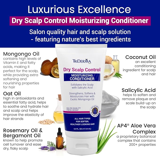 TriDerma Dry Scalp Control Deep Moisturizing Hair Conditioner - Salon Quality Treatment - Salicylic Acid, Exfoliates, Nourishes & Strengthens Hair - Exotic Mongongo & Rosemary Oil - 6 oz