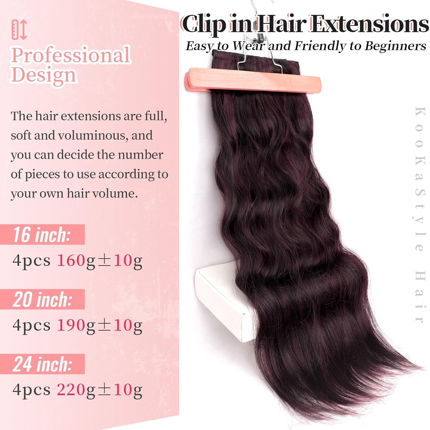 KooKaStyle Clip in Synthetic Hair Extensions Long Wavy 4PCS Thick Hairpieces Burgundy mix Dark Brown Fiber Double Weft Natural Hair Extensions 20 Inch for Women