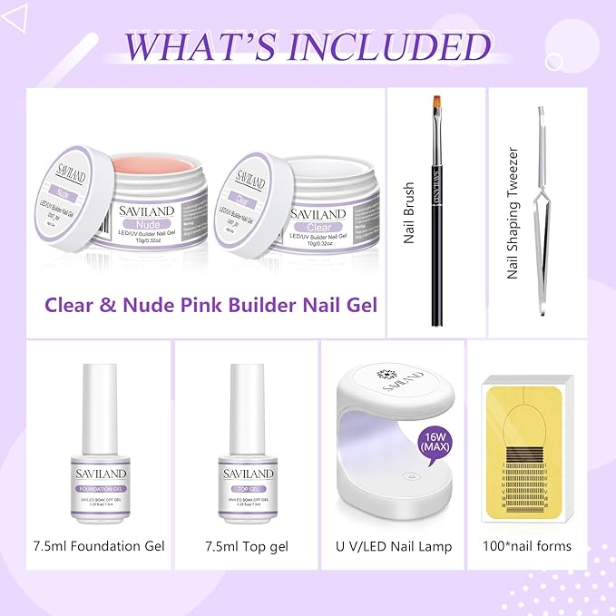 SAVILAND Builder Nail Gel Set - 2 Basic Colors Nail Extension Kit with Foundation Gel Top Gels LED Lamp Brush 100 Pcs Nails Forms at Home Salon