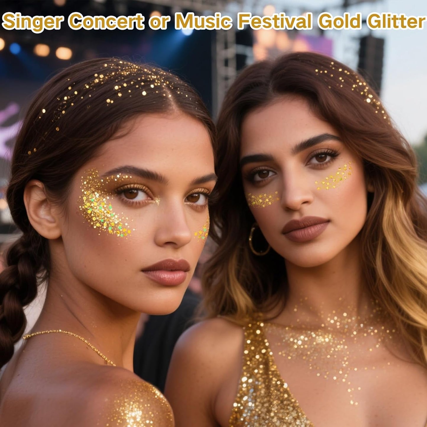 4 Jars Gold Face Glitter,Singer Concert Costume for Women,Sparkle Gold Body Hair Glitter,Rave Music Festival Outfits,Carnival Mardi Gras Makeup Accessories,40g/1.41 oz