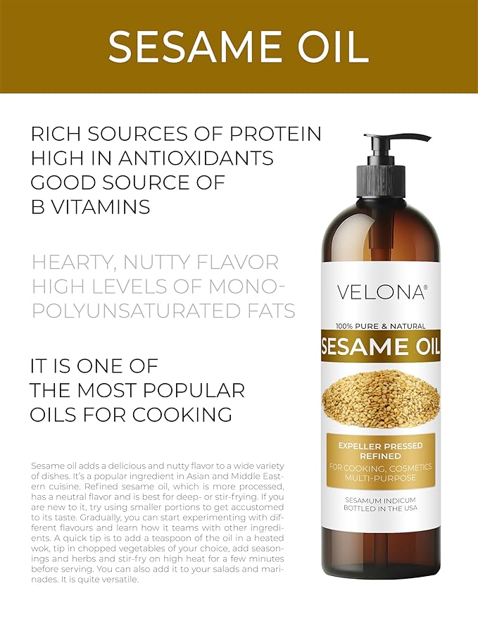 velona Sesame Seed Oil 8 fl oz | 100% Pure and Natural Carrier Oil | Refined, Expeller Pressed | Cooking, Skin, Hair, Body & Face Moisturizing | Use Today - Enjoy Results