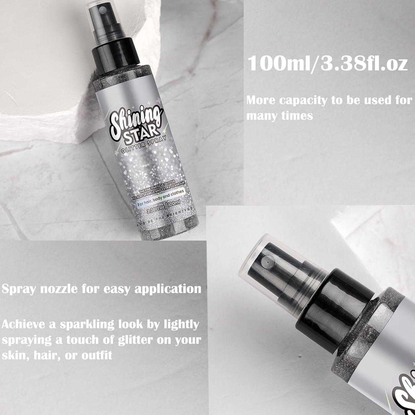 MEICOLY Silver Hair Body Glitter Spray,100ML(3.53OZ),Liquid Glitter Hairspray,Sparkle Glitter Spray for Hair/Body/Clothes,Body Shimmer for Skin,Lightweight,Long Lasting