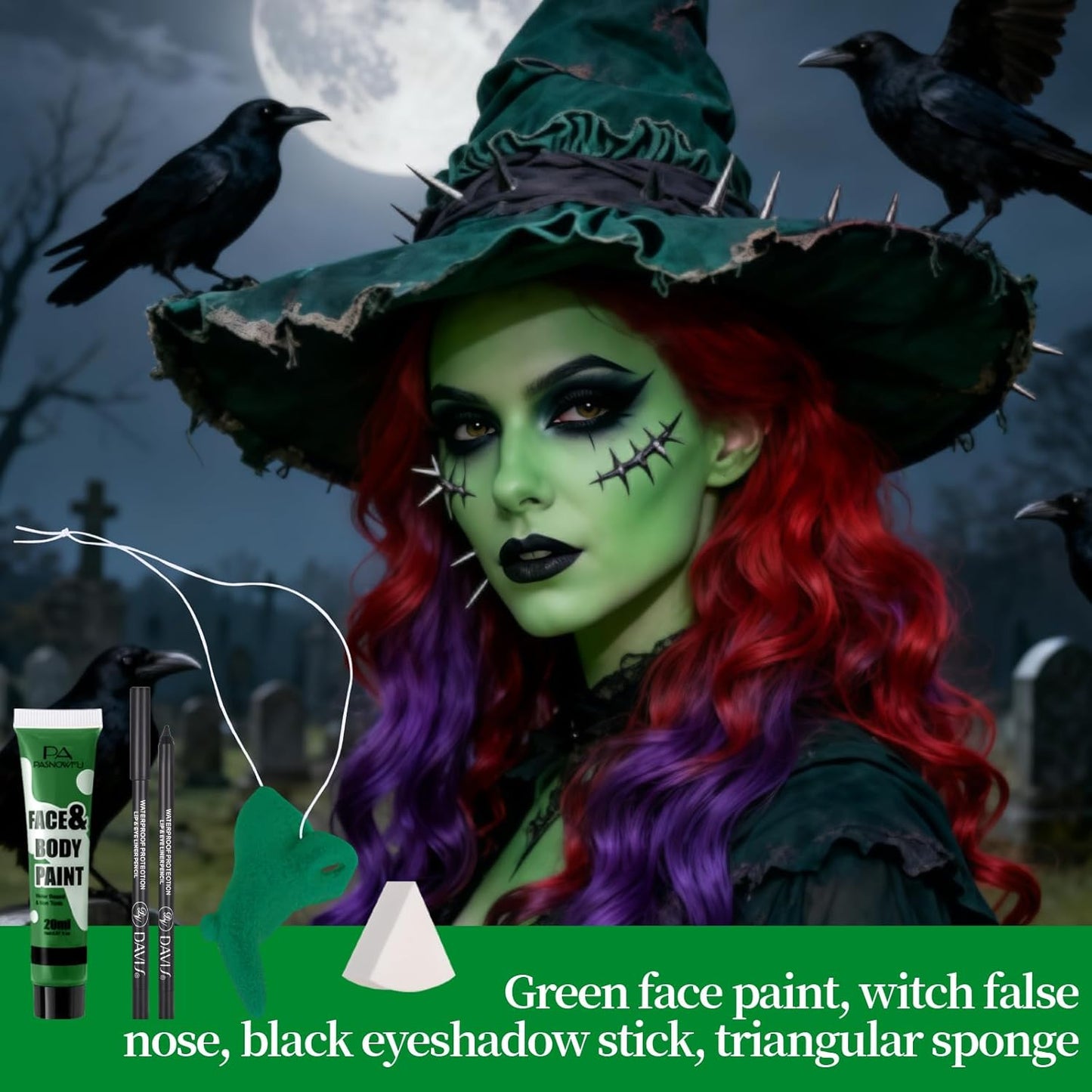 Halloween Makeup Kit for Witch, Complete SFX Costume Set with Green Face Paint, Witch Fake Nose, Water-Based Face Paint Set for Halloween Cosplay SFX Makeup, Costume Parties, Theater