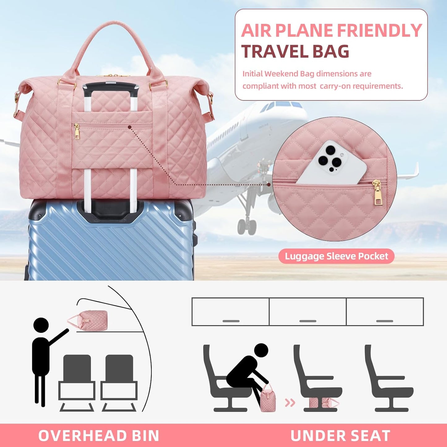 Gifts for Teen Girl, Initial Travel Duffle Bag, Personalized Women Weekender Overnight Bags, Gift for Daughter Kid Girl Wife Friend（Pink,R)