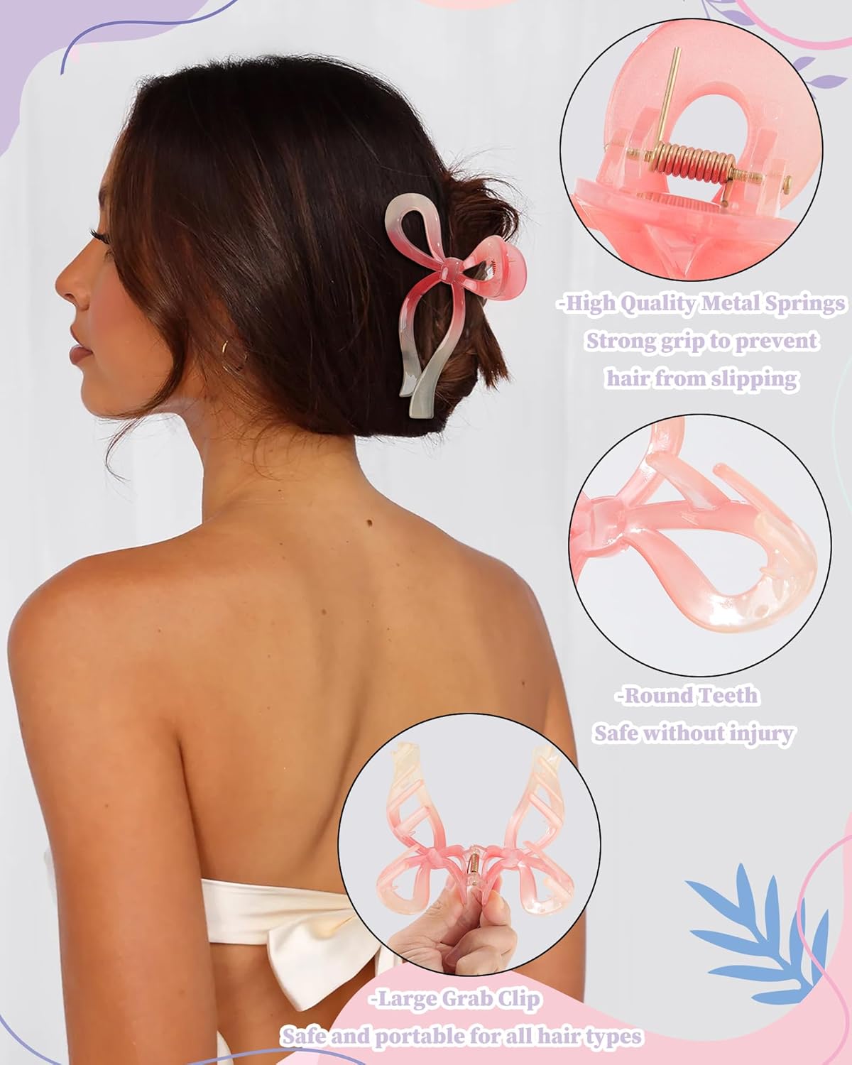 4 PCS Bow Hair Clips Bow Claw Clip for Women Nonslip Large Hair Claw Clips for Thin and Thick Hair Strong Hold Hair Bows (Purple+Rose red+Orange+Light brown)