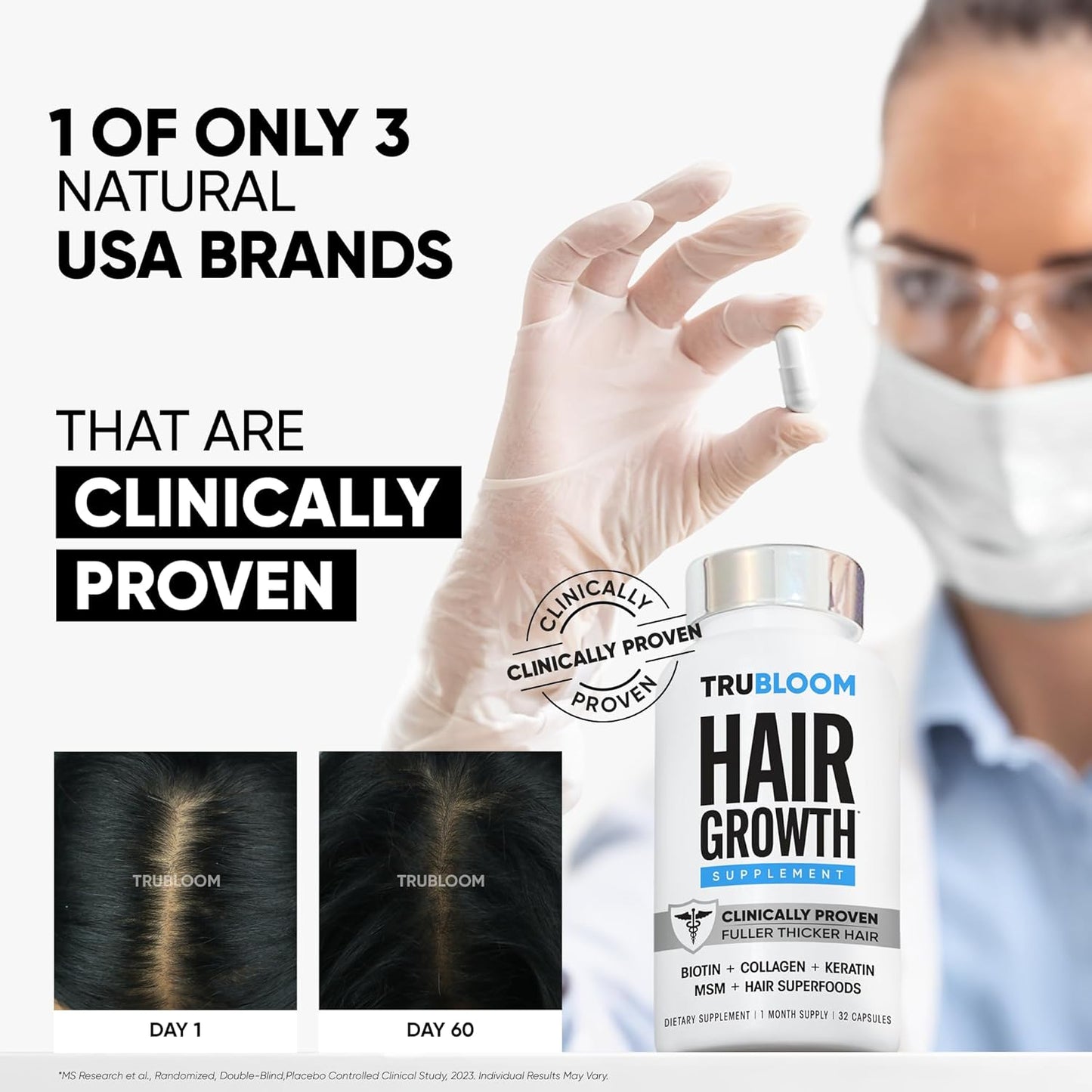 Tru Bloom Hair Growth Vitamins - 1 Month Supply. Clinically Proven to Grow Fuller, Thicker Hair. Drug-Free with Biotin, Collagen, Keratin, MSM, Zinc, D3 + Hair Superfoods