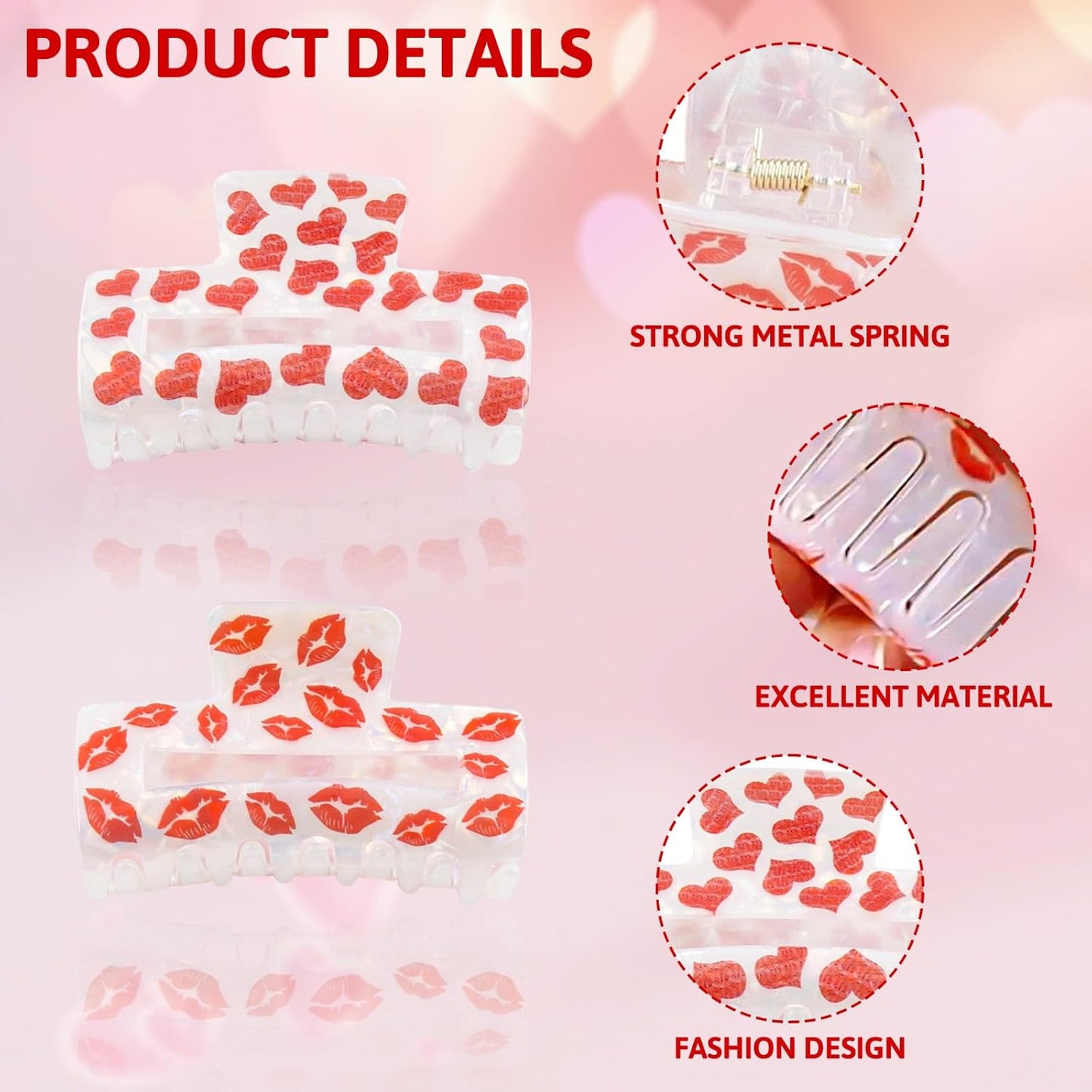 2 Pcs Valentine’s Day Hair Claw Clips, Red Lips Heart Hair Clips for Women, Non-slip Large Hair Claw for Thick Hair/Thin Hair, Valentines Hair Accessories, Cute Red Lips Heart Claw Clips for Women