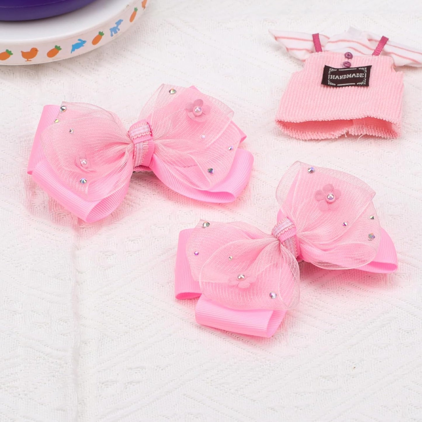 KISZU 4.5 Inch Flower Hair Bow Clips, Organza Bows with Pearls Big Hair Accessories for Baby Girls Kids Children Teens and Women (Hot Pink)